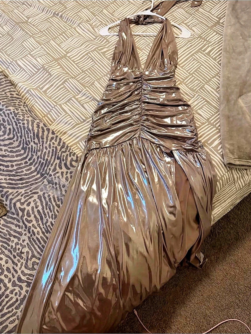 Metallic Ruched Halter Maxi Dress - Picture 2 of 2